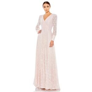 Mac Duggal 93679 Light Pink Rose Beaded Lave Long Sleeve Gown 14 NWT